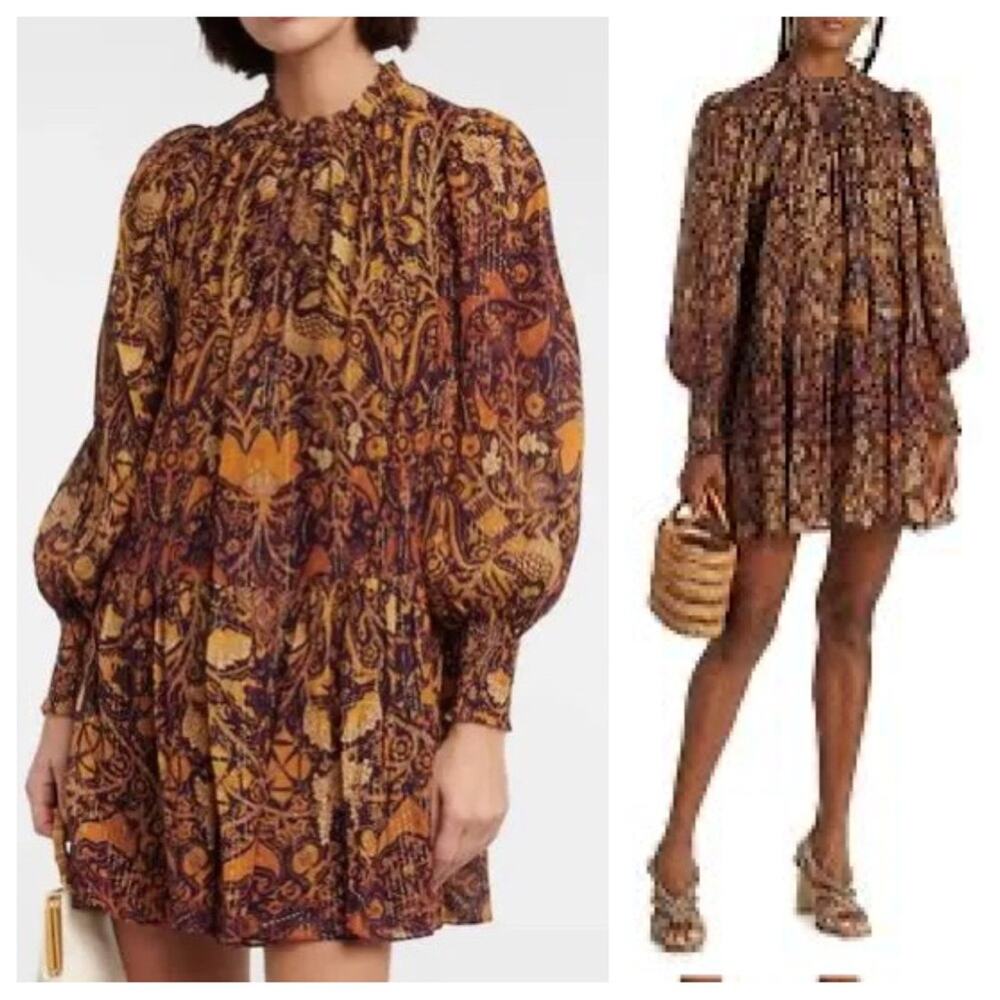 Ulla Johnson Maja Shift Dress Celestial Long Sleeve Floral Bohemian Metallic 6